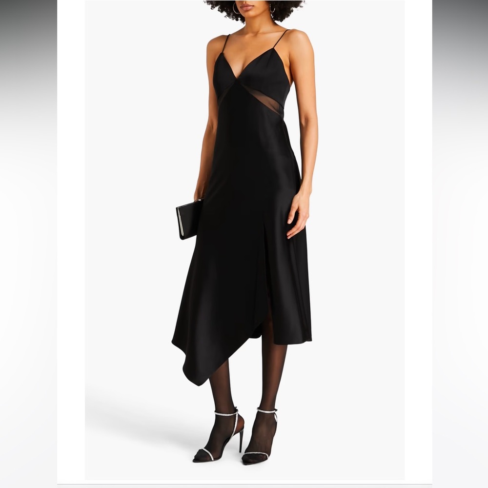 alice + olivia | Moriah Sheer Midi Dress | Black Satin | Size 10 | New w/tags!